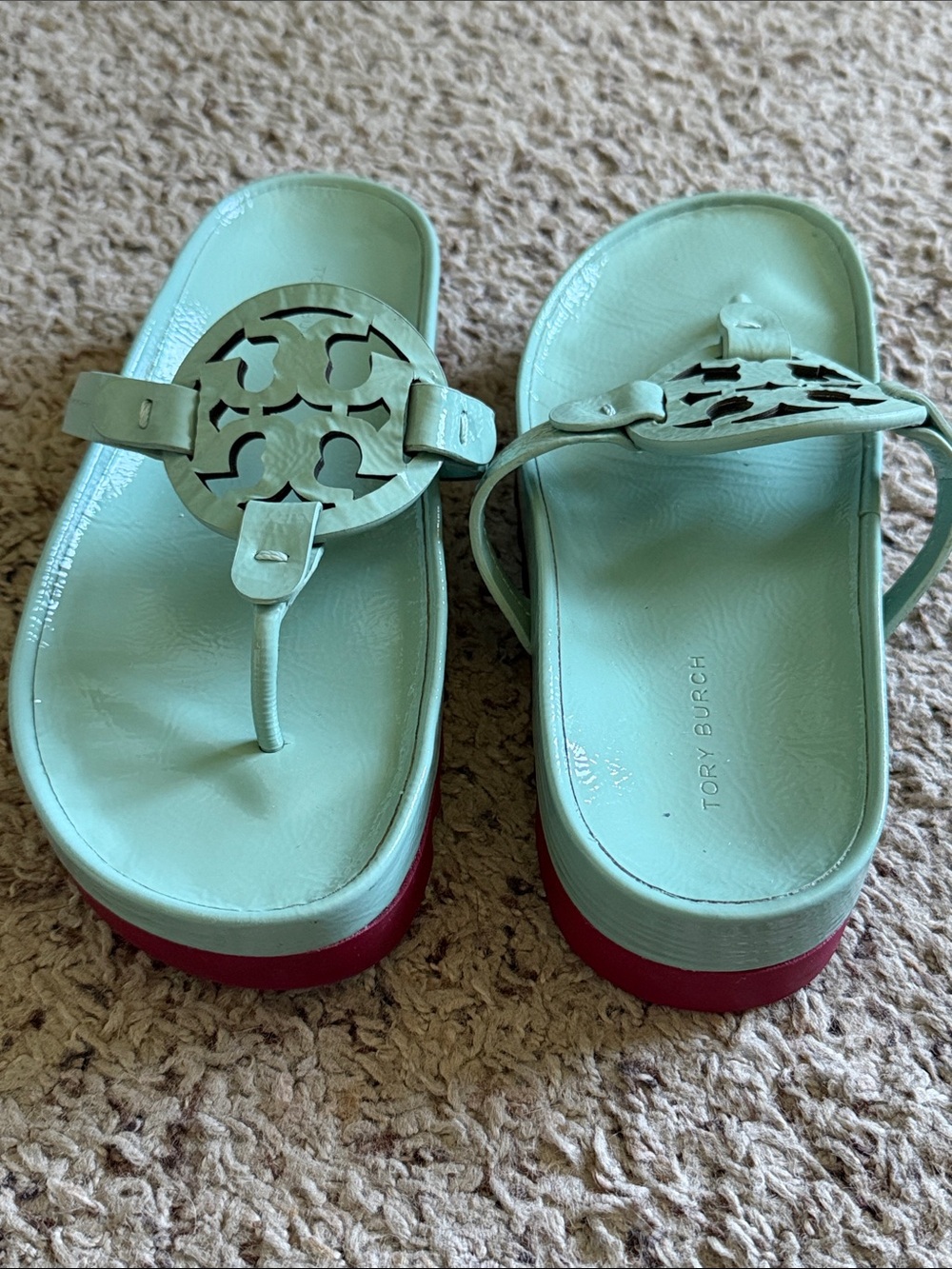 Tory Burch Mint Green Platform Thong Sandals with Red Sole